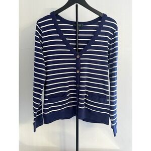Lauren Ralph Lauren Striped Cotton Cardigan XL Navy White Nautical Coastal Prep